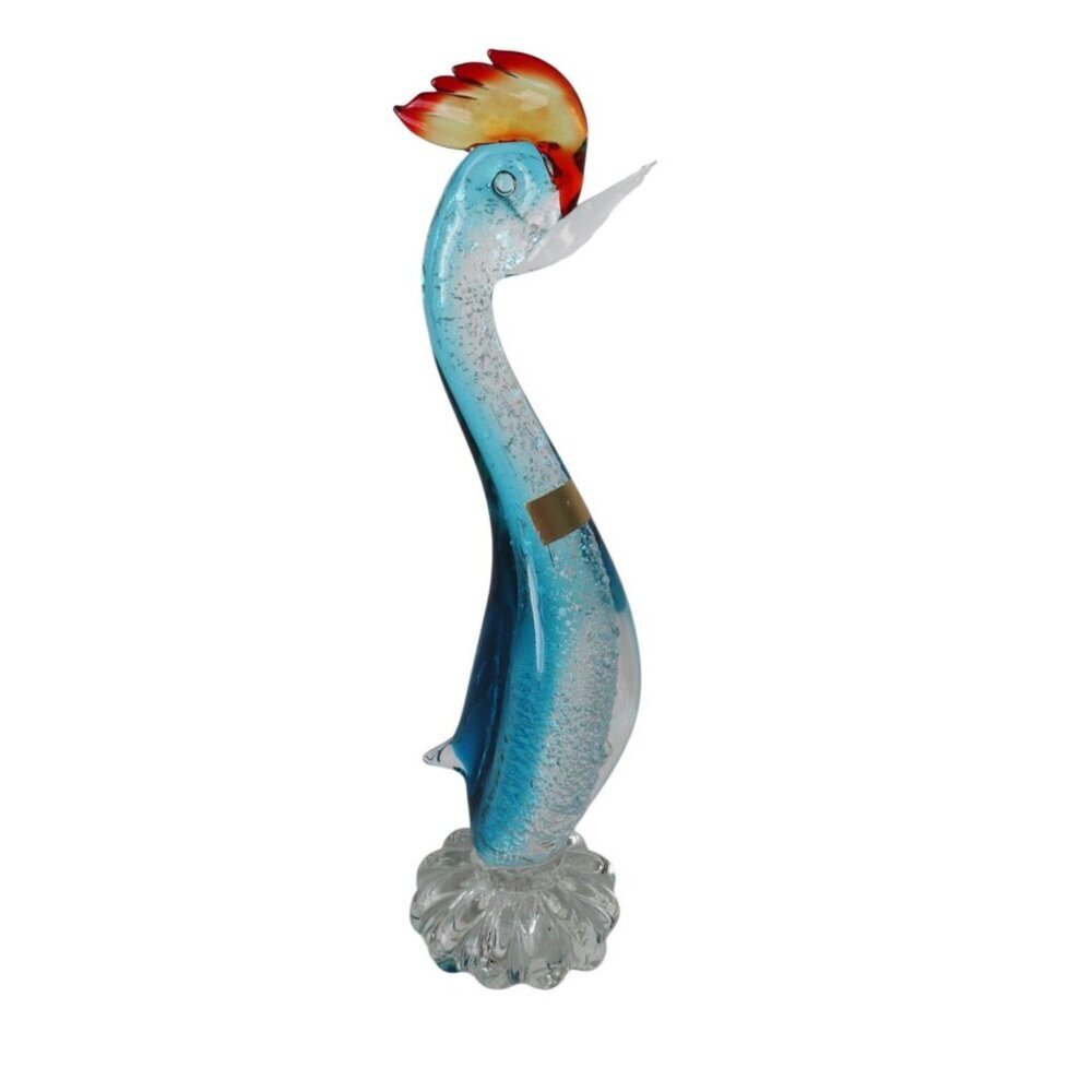 Vintage Bohemia Studio Art Glass Rooster Bird Figurine Hand Blown Blue/Green